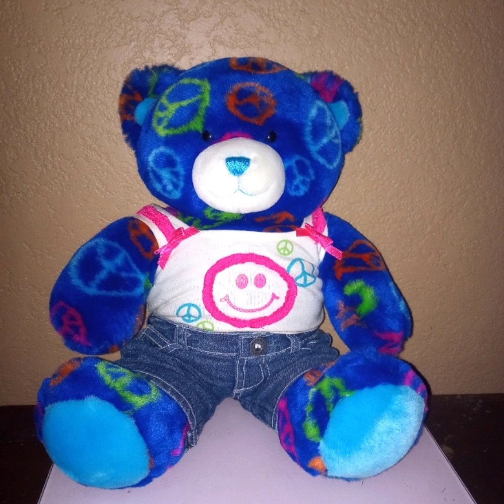 Build A Bear Blue Teddy Bear Jeans Peace Sign Friendship Plush Stuffed toy - Picture 1 of 4